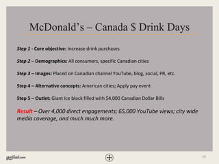 16
McDonald’s – Canada $ Drink Days
Step 1 - Core objective: Increase drink purchases
Step 2 – Demographics: All consumers, specific Canadian cities
Step 3 – Images: Placed on Canadian channel YouTube, blog, social, PR, etc.
Step 4 – Alternative concepts: American cities; Apply pay event
Step 5 – Outlet: Giant Ice block filled with $4,000 Canadian Dollar Bills
Result – Over 4,000 direct engagements; 65,000 YouTube views; city wide
media coverage, and much much more.
 