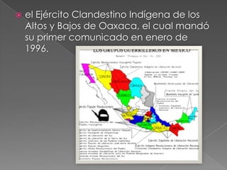  el Ejército Clandestino Indígena de los
Altos y Bajos de Oaxaca, el cual mandó
su primer comunicado en enero de
1996.