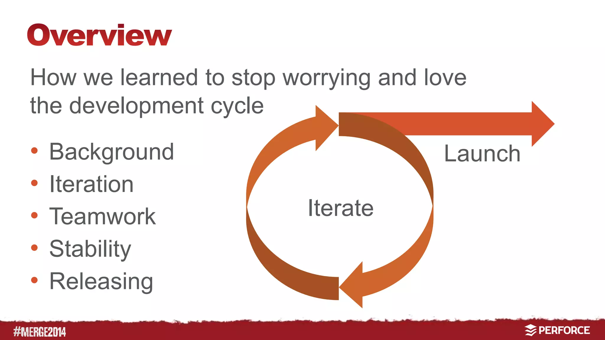 # 
How we learned to stop worrying and love 
the development cycle 
• Background 
• Iteration 
• Teamwork 
• Stability 
• Releasing 
Iterate 
Launch 
 