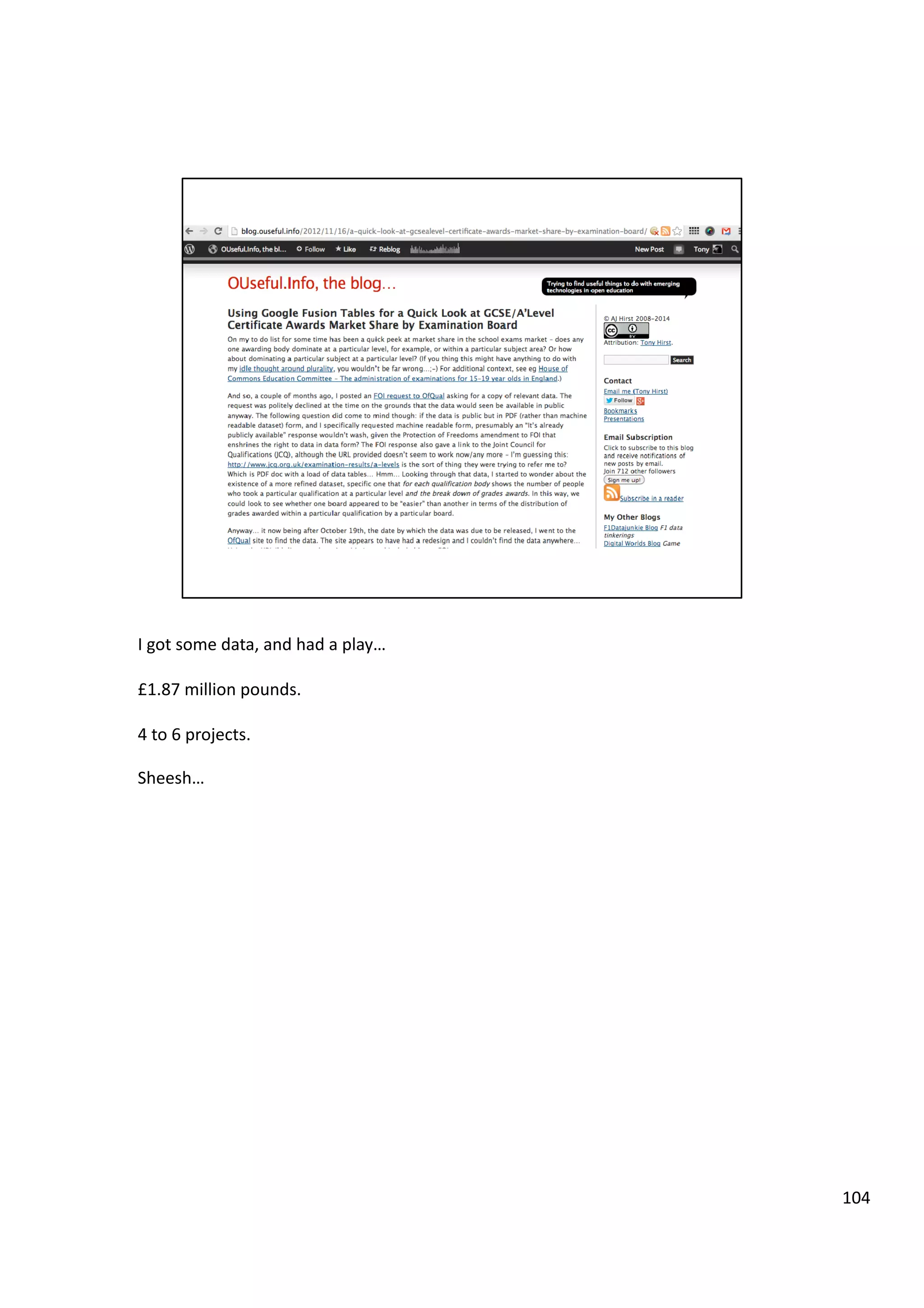 I	
  got	
  some	
  data,	
  and	
  had	
  a	
  play…	
  
£1.87	
  million	
  pounds.	
  
4	
  to	
  6	
  projects.	
  
Sheesh…	
  
104	
  
 