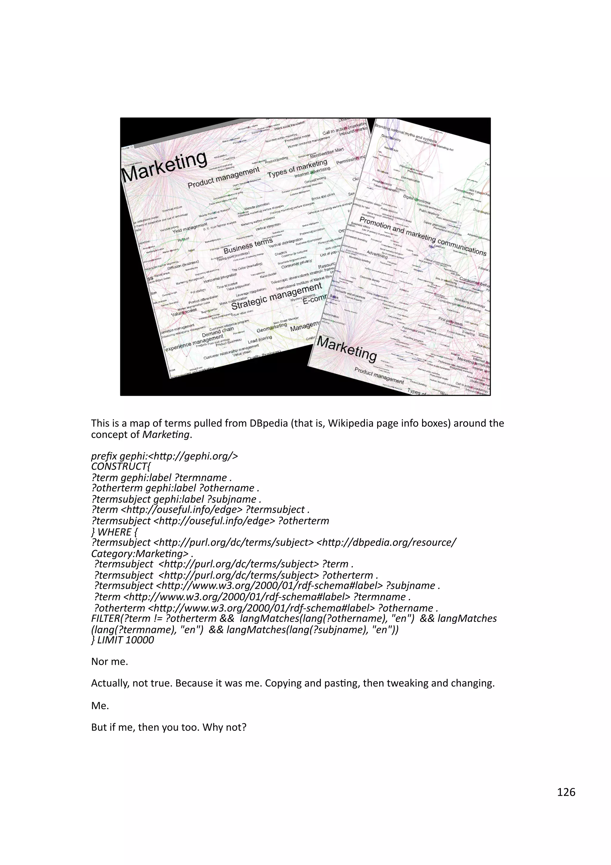 This	
  is	
  a	
  map	
  of	
  terms	
  pulled	
  from	
  DBpedia	
  (that	
  is,	
  Wikipedia	
  page	
  info	
  boxes)	
  around	
  the	
  
concept	
  of	
  Marke7ng.	
  
preﬁx	
  gephi:<h@p://gephi.org/>	
  
CONSTRUCT{	
  
?term	
  gephi:label	
  ?termname	
  .	
  
?otherterm	
  gephi:label	
  ?othername	
  .	
  
?termsubject	
  gephi:label	
  ?subjname	
  .	
  
?term	
  <h@p://ouseful.info/edge>	
  ?termsubject	
  .	
  
?termsubject	
  <h@p://ouseful.info/edge>	
  ?otherterm	
  
}	
  WHERE	
  {	
  
?termsubject	
  <h@p://purl.org/dc/terms/subject>	
  <h@p://dbpedia.org/resource/
Category:Marke7ng>	
  .	
  
	
  ?termsubject	
  	
  <h@p://purl.org/dc/terms/subject>	
  ?term	
  .	
  
	
  ?termsubject	
  	
  <h@p://purl.org/dc/terms/subject>	
  ?otherterm	
  .	
  
	
  ?termsubject	
  <h@p://www.w3.org/2000/01/rdf-­‐schema#label>	
  ?subjname	
  .	
  
	
  ?term	
  <h@p://www.w3.org/2000/01/rdf-­‐schema#label>	
  ?termname	
  .	
  
	
  ?otherterm	
  <h@p://www.w3.org/2000/01/rdf-­‐schema#label>	
  ?othername	
  .	
  
FILTER(?term	
  !=	
  ?otherterm	
  &&	
  	
  langMatches(lang(?othername),	
  "en")	
  	
  &&	
  langMatches
(lang(?termname),	
  "en")	
  	
  &&	
  langMatches(lang(?subjname),	
  "en"))	
  
}	
  LIMIT	
  10000	
  
Nor	
  me.	
  
Actually,	
  not	
  true.	
  Because	
  it	
  was	
  me.	
  Copying	
  and	
  pas3ng,	
  then	
  tweaking	
  and	
  changing.	
  
Me.	
  
But	
  if	
  me,	
  then	
  you	
  too.	
  Why	
  not?	
  
126	
  
 