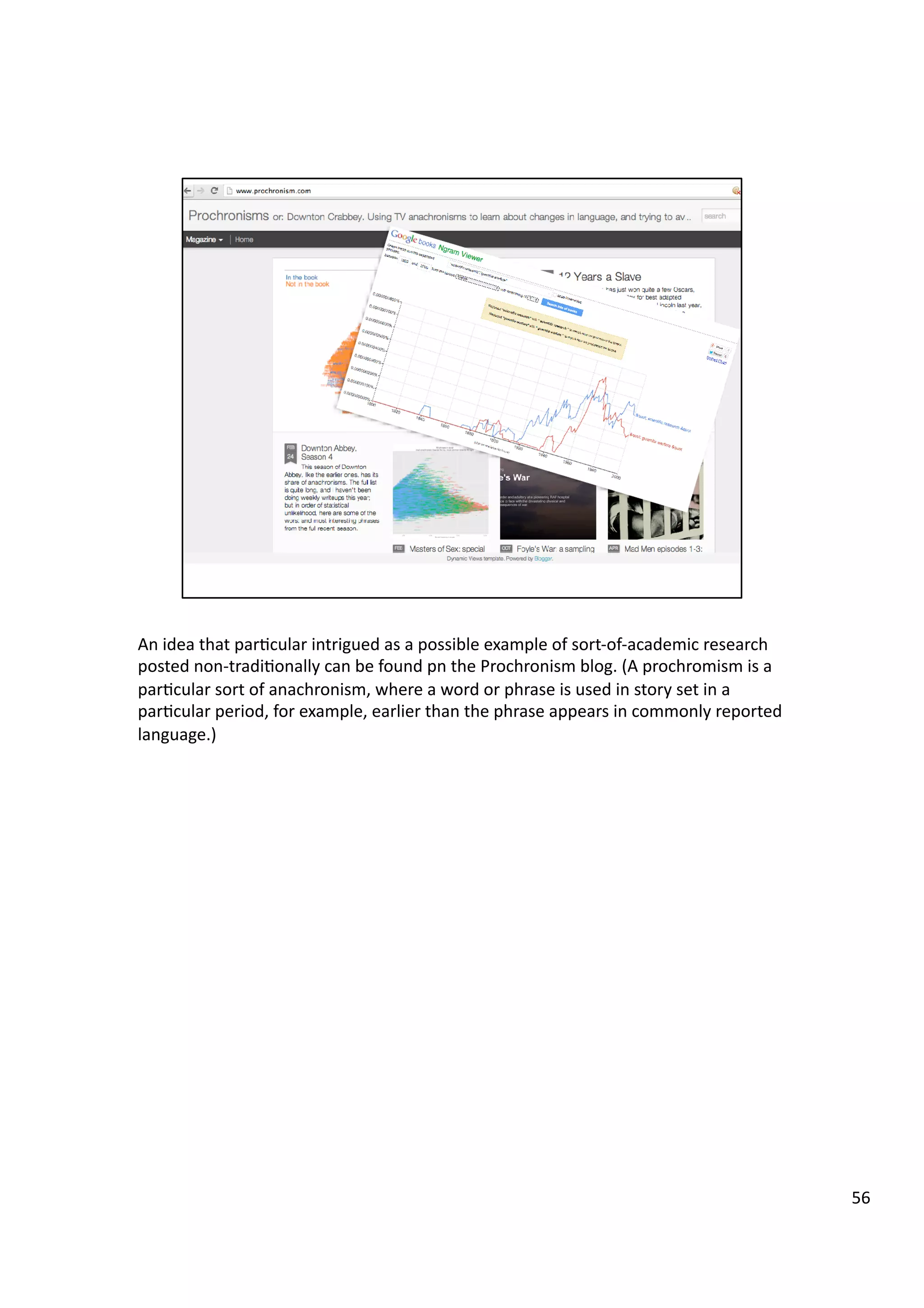 An	
  idea	
  that	
  par3cular	
  intrigued	
  as	
  a	
  possible	
  example	
  of	
  sort-­‐of-­‐academic	
  research	
  
posted	
  non-­‐tradi3onally	
  can	
  be	
  found	
  pn	
  the	
  Prochronism	
  blog.	
  (A	
  prochromism	
  is	
  a	
  
par3cular	
  sort	
  of	
  anachronism,	
  where	
  a	
  word	
  or	
  phrase	
  is	
  used	
  in	
  story	
  set	
  in	
  a	
  
par3cular	
  period,	
  for	
  example,	
  earlier	
  than	
  the	
  phrase	
  appears	
  in	
  commonly	
  reported	
  
language.)	
  	
  
56	
  
 