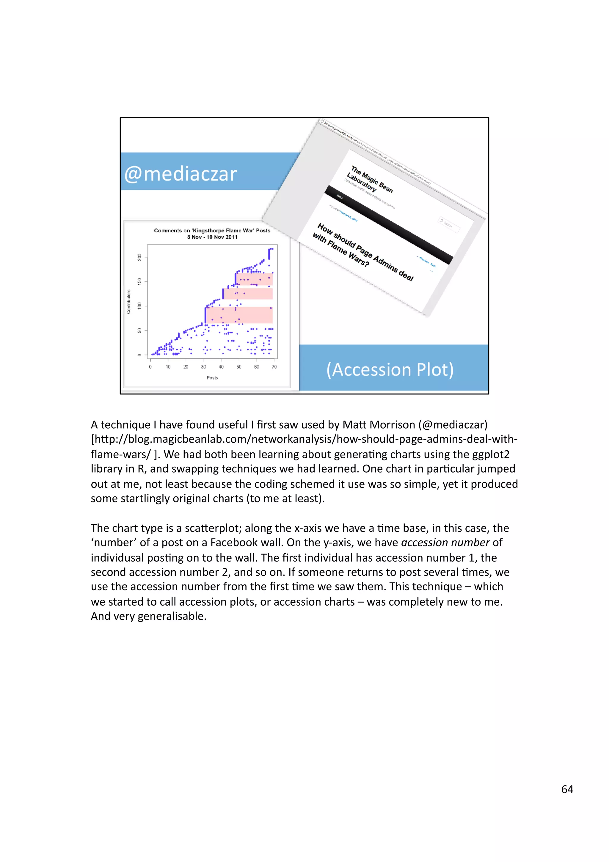 A	
  technique	
  I	
  have	
  found	
  useful	
  I	
  ﬁrst	
  saw	
  used	
  by	
  MaH	
  Morrison	
  (@mediaczar)	
  
[hHp://blog.magicbeanlab.com/networkanalysis/how-­‐should-­‐page-­‐admins-­‐deal-­‐with-­‐
ﬂame-­‐wars/	
  ].	
  We	
  had	
  both	
  been	
  learning	
  about	
  genera3ng	
  charts	
  using	
  the	
  ggplot2	
  
library	
  in	
  R,	
  and	
  swapping	
  techniques	
  we	
  had	
  learned.	
  One	
  chart	
  in	
  par3cular	
  jumped	
  
out	
  at	
  me,	
  not	
  least	
  because	
  the	
  coding	
  schemed	
  it	
  use	
  was	
  so	
  simple,	
  yet	
  it	
  produced	
  
some	
  startlingly	
  original	
  charts	
  (to	
  me	
  at	
  least).	
  
The	
  chart	
  type	
  is	
  a	
  scaHerplot;	
  along	
  the	
  x-­‐axis	
  we	
  have	
  a	
  3me	
  base,	
  in	
  this	
  case,	
  the	
  
‘number’	
  of	
  a	
  post	
  on	
  a	
  Facebook	
  wall.	
  On	
  the	
  y-­‐axis,	
  we	
  have	
  accession	
  number	
  of	
  
individusal	
  pos3ng	
  on	
  to	
  the	
  wall.	
  The	
  ﬁrst	
  individual	
  has	
  accession	
  number	
  1,	
  the	
  
second	
  accession	
  number	
  2,	
  and	
  so	
  on.	
  If	
  someone	
  returns	
  to	
  post	
  several	
  3mes,	
  we	
  
use	
  the	
  accession	
  number	
  from	
  the	
  ﬁrst	
  3me	
  we	
  saw	
  them.	
  This	
  technique	
  –	
  which	
  
we	
  started	
  to	
  call	
  accession	
  plots,	
  or	
  accession	
  charts	
  –	
  was	
  completely	
  new	
  to	
  me.	
  
And	
  very	
  generalisable.	
  
64	
  
 
