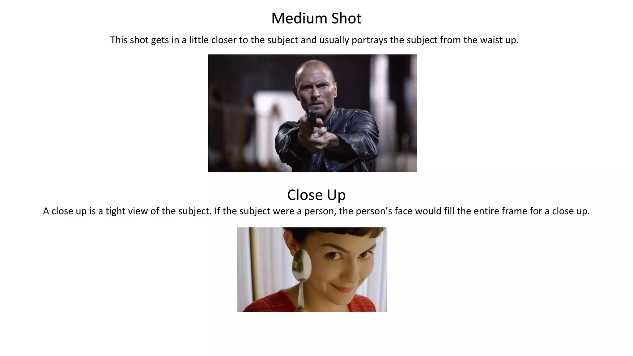 Medium Shot
This shot gets in a little closer to the subject and usually portrays the subject from the waist up.
Close Up
A close up is a tight view of the subject. If the subject were a person, the person’s face would fill the entire frame for a close up.
 