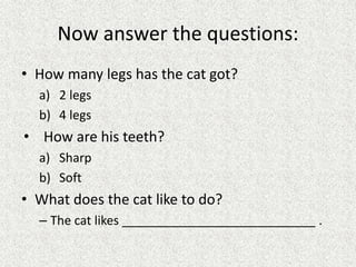 Now answer the questions:
• How many legs has the cat got?
a) 2 legs
b) 4 legs
• How are his teeth?
a) Sharp
b) Soft
• What does the cat like to do?
– The cat likes ____________________________ .
 