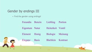 Gender by endings III
 Find the gender using endings!
Freundin Benzin Liebling Portion
Eigentum Natur Heiterkeit Ventil
Element Honig Biologie Meinung
Eleganz Basis Büchlein Kontrast
 