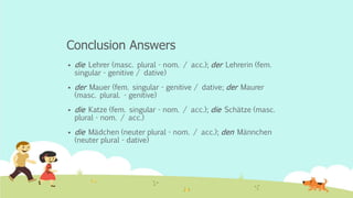 Conclusion Answers
 die Lehrer (masc. plural - nom. / acc.); der Lehrerin (fem.
singular - genitive / dative)
 der Mauer (fem. singular - genitive / dative; der Maurer
(masc. plural. - genitive)
 die Katze (fem. singular - nom. / acc.); die Schätze (masc.
plural - nom. / acc.)
 die Mädchen (neuter plural - nom. / acc.); den Männchen
(neuter plural - dative)
 