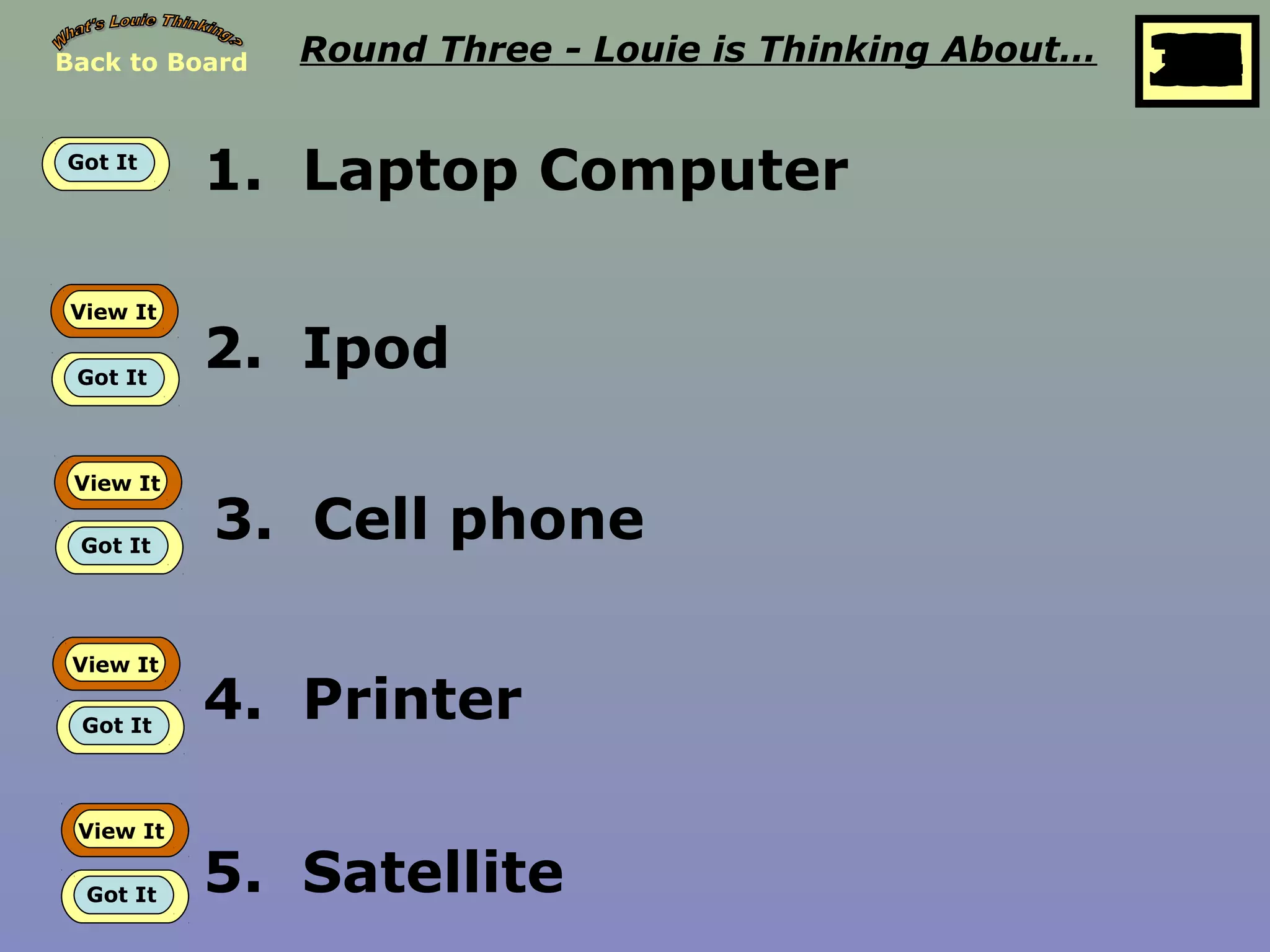 Back to Board Round Three - Louie is Thinking About…
25
10
11
12
13
14
15
16
17
18
19
20
21
22
23
24
26
27
28
29
30
1
2
3
4
5
6
7
8
9
Got It
1. Laptop Computer
View It
Got It
2. Ipod
View It
Got It
3. Cell phone
View It
Got It
4. Printer
View It
Got It 5. Satellite