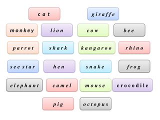 m o n k e y l i o n c o w b e e
p a r r o t s h a r k k a n g a r o o r h i n o
s e e s t a r h e n s n a k e f r o g
e l e p h a n t c a m e l m o u s e c r o c o d i l e
c a t
p i g o c t o p u s
g i r a f f e
 