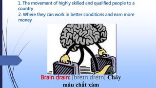 1. The movement of highly skilled and qualified people to a
country
Brain drain: [breɪn dreɪn] Chảy
máu chất xám
2. Where they can work in better conditions and earn more
money
 