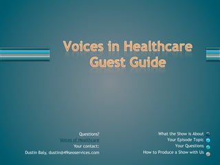 What the Show is About
Your Episode Topic
Your Questions
How to Produce a Show with Us
Questions?
Voices of Healthcare
Your contact:
Dustin Baly, dustin@49seoservices.com
 