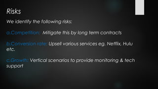 Risks
We identify the following risks:

a.Competition: Mitigate this by long term contracts

b.Conversion rate: Upsell various services eg. Netflix, Hulu
etc.

c.Growth: Vertical scenarios to provide monitoring & tech
support
 