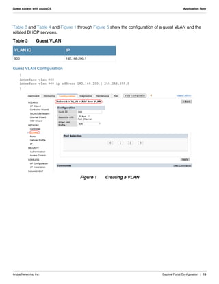 Aruba Networks, Inc. Captive Portal Configuration | 13
Guest Access with ArubaOS Application Note
Table 3 and Table 4 and Figure 1 through Figure 5 show the configuration of a guest VLAN and the
related DHCP services.
Guest VLAN Configuration
!
interface vlan 900
interface vlan 900 ip address 192.168.200.1 255.255.255.0
!
Figure 1 Creating a VLAN
Table 3 Guest VLAN
VLAN ID IP
900 192.168.200.1
 