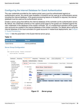 Aruba Networks, Inc. Captive Portal Configuration | 29
Guest Access with ArubaOS Application Note
Configuring the Internal Database for Guest Authentication
The user credentials provided by the captive portal users must be authenticated against an
authentication server. Any server type available in ArubaOS can be used as an authentication server,
including the internal database. If the guest provisioning feature of ArubaOS is required, the internal
database must be used as the authentication server.
Create a server group that defines the internal database of the controller as the authentication server.
By default, the credentials entered on the captive portal page by the guests are validated against the
user credentials in the database of the master controller. So, in a master/local operation all the guest
user accounts are created in the internal database of the master controller. For details about using the
internal database of the local controllers for guest accounts in master/local deployments, see Chapter
5: Guest Provisioning.
Table 13 lists the parameter in the Guest-internal server group.
Server Group Configuration
!
aaa server-group "Guest-internal"
auth-server Internal
!
Figure 15 Server group
Table 13
Server Group Server
Guest-internal Internal (predefined)
 
