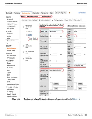 Aruba Networks, Inc. Captive Portal Configuration | 32
Guest Access with ArubaOS Application Note
Figure 16 Captive portal profile (using the sample configuration in Table 14)
 