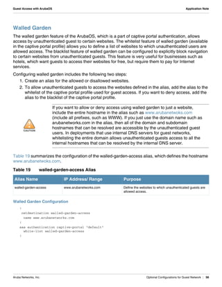 Aruba Networks, Inc. Optional Configurations for Guest Network | 56
Guest Access with ArubaOS Application Note
Walled Garden
The walled garden feature of the ArubaOS, which is a part of captive portal authentication, allows
access by unauthenticated guest to certain websites. The whitelist feature of walled garden (available
in the captive portal profile) allows you to define a list of websites to which unauthenticated users are
allowed access. The blacklist feature of walled garden can be configured to explicitly block navigation
to certain websites from unauthenticated guests. This feature is very useful for businesses such as
hotels, which want guests to access their websites for free, but require them to pay for Internet
services.
Configuring walled garden includes the following two steps:
1. Create an alias for the allowed or disallowed websites.
2. To allow unauthenticated guests to access the websites defined in the alias, add the alias to the
whitelist of the captive portal profile used for guest access. If you want to deny access, add the
alias to the blacklist of the captive portal profile.
Table 19 summarizes the configuration of the walled-garden-access alias, which defines the hostname
www.arubanetwoks.com.
Walled Garden Configuration
!
netdestination walled-garden-access
name www.arubanetworks.com
!
aaa authentication captive-portal "default"
white-list walled-garden-access
!
!CAUTION
If you want to allow or deny access using walled garden to just a website,
include the entire hostname in the alias such as www.arubanetwoks.com
(include all prefixes, such as WWW). If you just use the domain name such as
arubanetworks.com in the alias, then all of the domain and subdomain
hostnames that can be resolved are accessible by the unauthenticated guest
users. In deployments that use internal DNS servers for guest networks,
whitelisting the entire domain allows unauthenticated guests access to all the
internal hostnames that can be resolved by the internal DNS server.
Table 19 walled-garden-access Alias
Alias Name IP Address/ Range Purpose
walled-garden-access www.arubanetworks.com Define the websites to which unauthenticated guests are
allowed access.
 