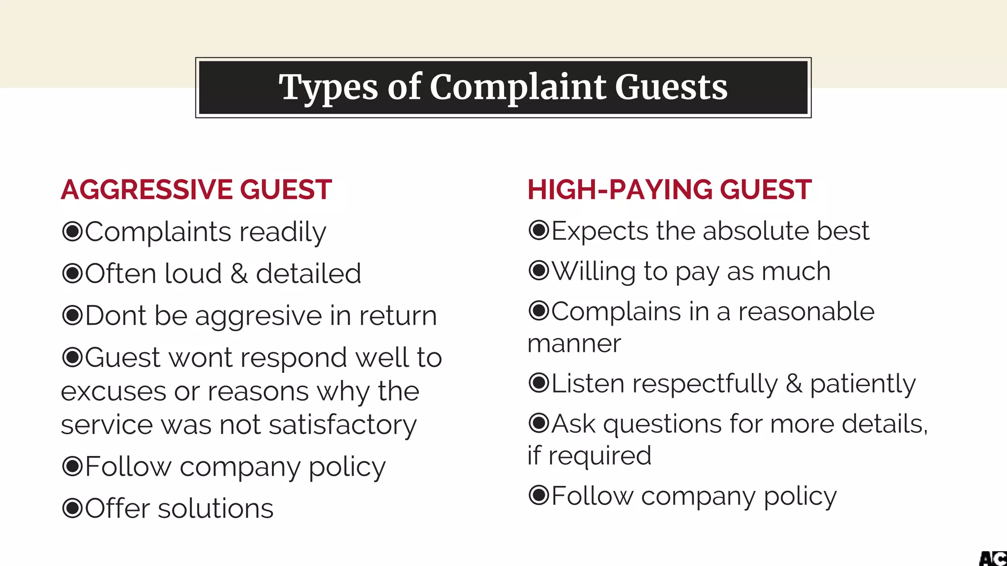 AGGRESSIVE GUEST
◉Complaints readily
◉Often loud & detailed
◉Dont be aggresive in return
◉Guest wont respond well to
excuses or reasons why the
service was not satisfactory
◉Follow company policy
◉Offer solutions
You can also split your content
HIGH-PAYING GUEST
◉Expects the absolute best
◉Willing to pay as much
◉Complains in a reasonable
manner
◉Listen respectfully & patiently
◉Ask questions for more details,
if required
◉Follow company policy
Types of Complaint Guests
 