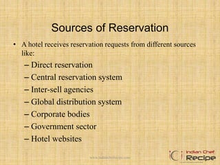 Sources of Reservation
• A hotel receives reservation requests from different sources
like:
– Direct reservation
– Central reservation system
– Inter-sell agencies
– Global distribution system
– Corporate bodies
– Government sector
– Hotel websites
www.indianchefrecipe.com
 
