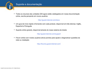 Copyright©
Guest Internet Solutions, 2017, All Rights Reserved
Suporte e documentação
➔
Todos os recursos das unidades GIS agora estão catalogados em nossa documentação
online, escrita pensando em novos usuários
http://guest-internet.com/docs
➔
Um guia de início rápido é fornecido com cada produto, disponível em três idiomas: Inglês,
Espanhol e Português
➔
Suporte online gratuito, disponível através do nosso sistema de tickets
http://guest-internet.com/support
➔
Fórum online com muitos usuários ativos prontos para ajudar a diagnosticar questões de
rede ou instalação
http://forums.guest-internet.com/
 