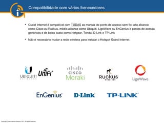 Copyright©
Guest Internet Solutions, 2017, All Rights Reserved
Compatibilidade com vários fornecedores
➔
Guest Internet é compatível com TODAS as marcas de ponto de acesso sem fio: alto alcance
como Cisco ou Ruckus, médio alcance como Ubiquiti, LigoWave ou EnGenius e pontos de acesso
genéricos e de baixo custo como Netgear, Tenda, D-Link e TP-Link
➔
Não é necessário mudar a rede wireless para instalar o Hotspot Guest Internet
 