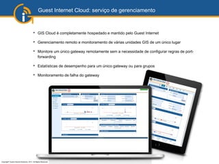 Copyright©
Guest Internet Solutions, 2017, All Rights Reserved
Guest Internet Cloud: serviço de gerenciamento
➔
GIS Cloud é completamente hospedado e mantido pelo Guest Internet
➔
Gerenciamento remoto e monitoramento de várias unidades GIS de um único lugar
➔
Monitore um único gateway remotamente sem a necessidade de configurar regras de port-
forwarding
➔
Estatísticas de desempenho para um único gateway ou para grupos
➔
Monitoramento de falha do gateway
 