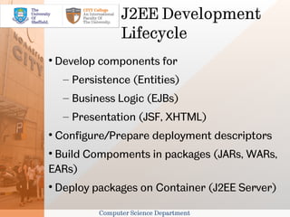 J2EE Development
                  Lifecycle

    Develop components for
     – Persistence (Entities)
     – Business Logic (EJBs)
     – Presentation (JSF, XHTML)

    Configure/Prepare deployment descriptors

 Build Compoments in packages (JARs, WARs,
EARs)

    Deploy packages on Container (J2EE Server)

            Computer Science Department
 