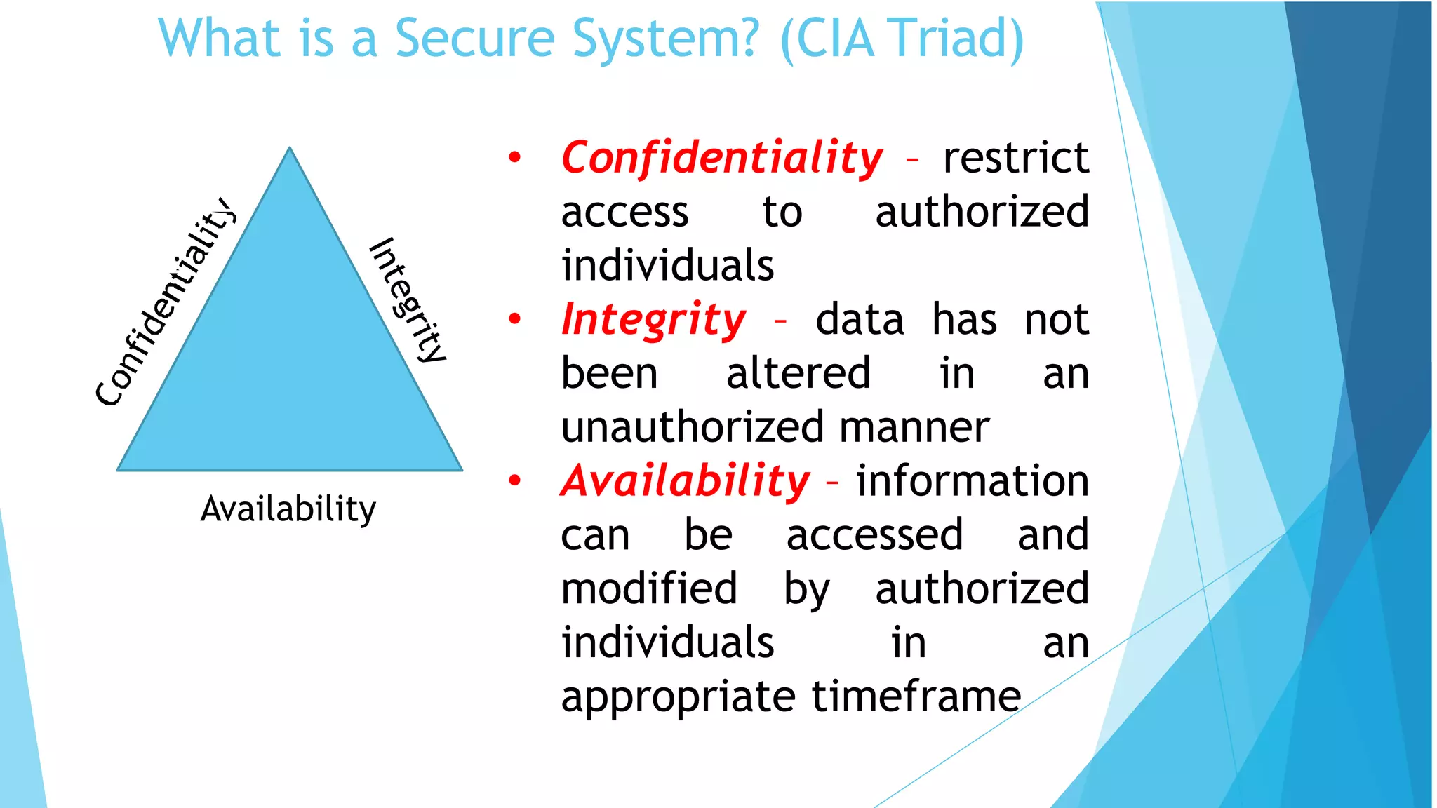 What is a Secure System? (CIA Triad)
Availability
• Confidentiality – restrict
access to authorized
individuals
• Integrity – data has not
been altered in an
unauthorized manner
• Availability – information
can be accessed and
modified by authorized
individuals in an
appropriate timeframe
 