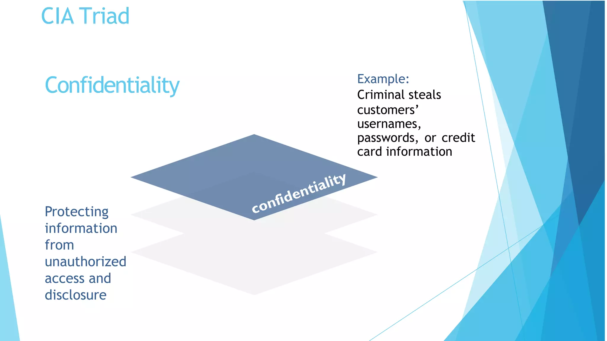 CIA Triad
Protecting
information
from
unauthorized
access and
disclosure
Example:
Criminal steals
customers’
usernames,
passwords, or credit
card information
Confidentiality
 