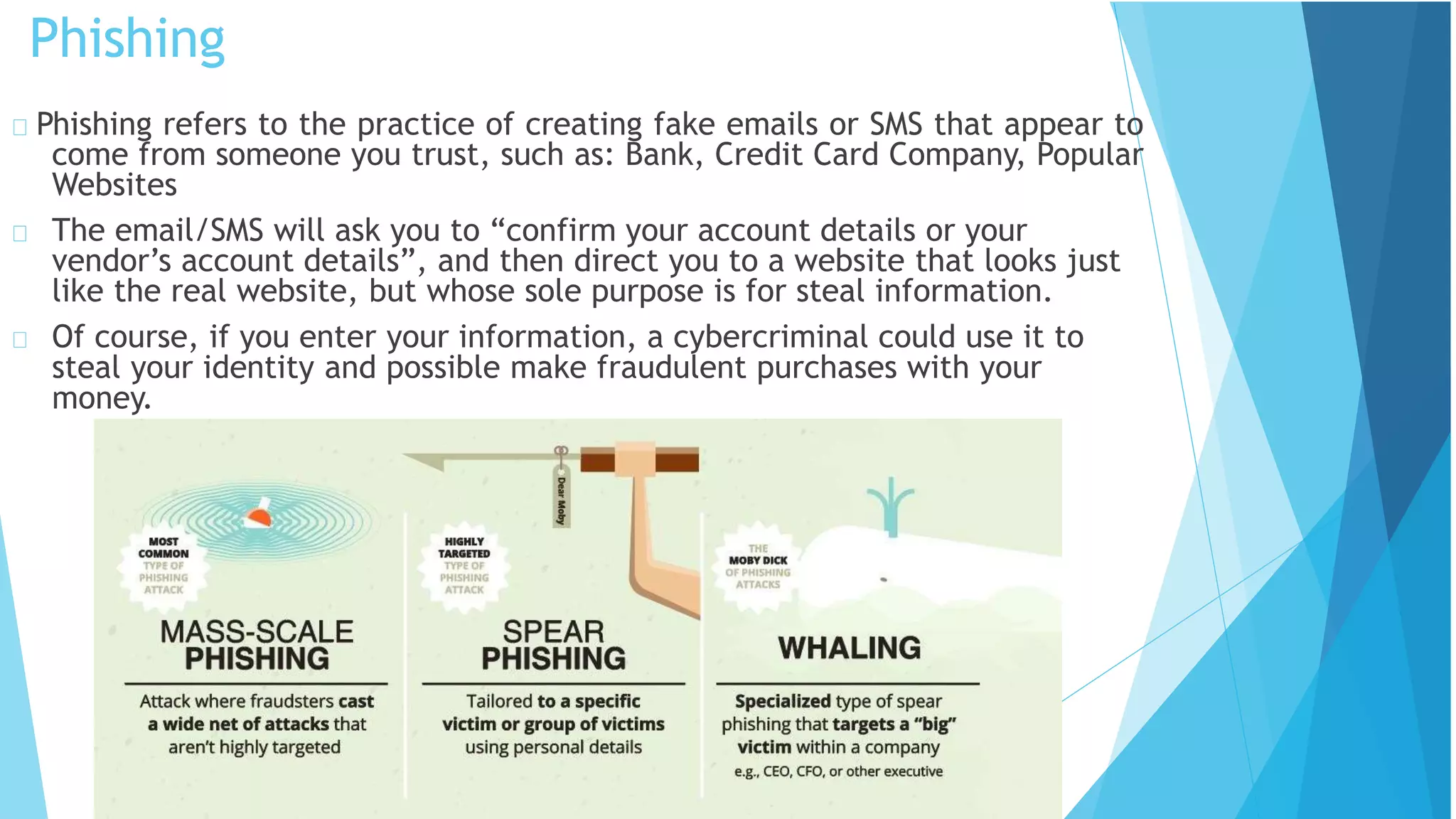 Phishing
Phishing refers to the practice of creating fake emails or SMS that appear to
come from someone you trust, such as: Bank, Credit Card Company, Popular
Websites
The email/SMS will ask you to “confirm your account details or your
vendor’s account details”, and then direct you to a website that looks just
like the real website, but whose sole purpose is for steal information.
Of course, if you enter your information, a cybercriminal could use it to
steal your identity and possible make fraudulent purchases with your
money.
 