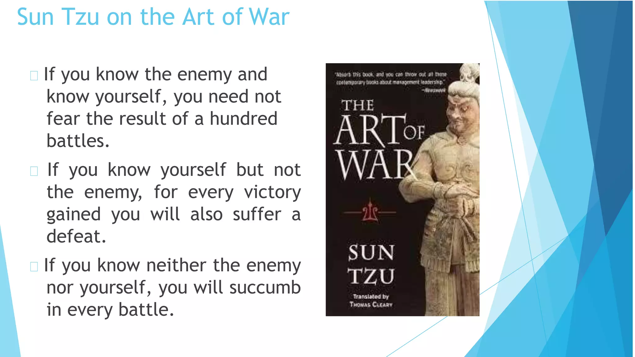 Sun Tzu on the Art of War
If you know the enemy and
know yourself, you need not
fear the result of a hundred
battles.
If you know yourself but not
the enemy, for every victory
gained you will also suffer a
defeat.
If you know neither the enemy
nor yourself, you will succumb
in every battle.
 