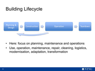 6
Building Lifecycle
Planning &
Design
Construction Operation Teardown
• Here: focus on planning, maintenance and operatio...