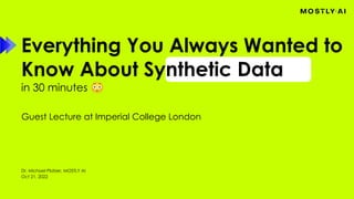 Dr. Michael Platzer, MOSTLY AI
Oct 21, 2022
Guest Lecture at Imperial College London
Everything You Always Wanted to
Know About Synthetic Data
in 30 minutes 😳
 