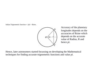 Indian Trignometric function = Jyā = Rsine,
Accuracy of the planetary
longitudes depends on the
accuracies of Rsine which
depends on the accurate
value of Radius, R and
hence pi.
Hence, later astronomers started focussing on developing the Mathematical
techniques for finding accurate trignometric functions and value pi.
 