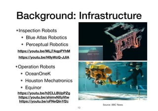 Background: Infrastructure
•Inspection Robots
• Blue Atlas Robotics
• Perceptual Robotics
13
Source: BBC News
•Operation Robots
• OceanOneK
• Houston Mechatronics
• Equinor
https://youtu.be/H9yWzQ-JJlA
https://youtu.be/MLj7AqpPYhM
https://youtu.be/h2CLLBUpPZg
https://youtu.be/shimvNXyVtw
https://youtu.be/oFNeQln1f2c
 