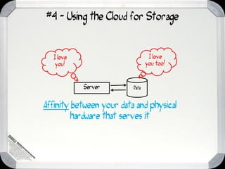 #4 - Using the Cloud for Storage


   I love                         I love
    you!                         you too!



            Server        Data



Affinity between your data and physical
         hardware that serves it
 