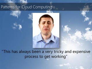 Patterns for Cloud Computing




“This has always been a very tricky and expensive
             process to get working”
 
