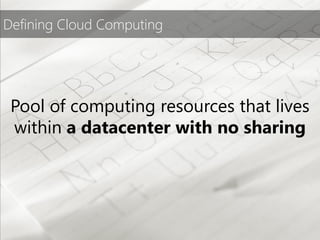 Defining Cloud Computing




 Pool of computing resources that lives
 within a datacenter with no sharing
 
