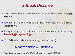 2-Break Distance

✔ Any 2-break increases the number of cycles by at most one (Δcy-
  cles ≤ 1)
         1

✔ Any non-trivial cycle can be split into two cycles with a 2-break
  (Δcycles = 1)
             1

✔ Every sorting by 2-breaks must increase the number of cycles by
  blocks(P,Q) - cycles(P,Q)

✔ The 2-Break Distance between genomes P and Q:

            d2(P,Q) = blocks(P,Q) – cycles(P,Q)

  (cp. Yancopoulos et al., 2005, Bergeron et al., 2006)
 