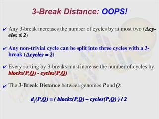 3-Break Distance: OOPS!

✔ Any 3-break increases the number of cycles by at most two (Δcy-
  cles ≤ 2)
         2

✔ Any non-trivial cycle can be split into three cycles with a 3-
  break (Δcycles = 2)
                   2

✔ Every sorting by 3-breaks must increase the number of cycles by
  blocks(P,Q) - cycles(P,Q)

✔ The 3-Break Distance between genomes P and Q:

            d3(P,Q) = ( blocks(P,Q) – cycles(P,Q) ) / 2
 