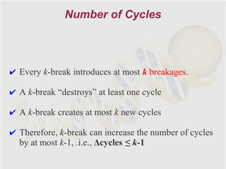 Number of Cycles



✔ Every k-break introduces at most k breakages.

✔ A k-break “destroys” at least one cycle

✔ A k-break creates at most k new cycles

✔ Therefore, k-break can increase the number of cycles
  by at most k-1, .i.e., Δcycles ≤ k-1
 
