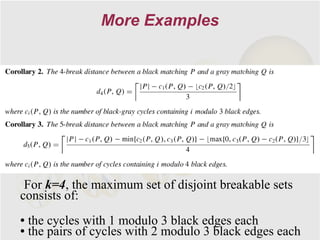 More Examples




 For k=4, the maximum set of disjoint breakable sets
consists of:
● the cycles with 1 modulo 3 black edges each
● the pairs of cycles with 2 modulo 3 black edges each
 
