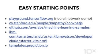 ● archive.ics.uci.edu/ml
● deeplearning.net/datasets
● mldata.org
● grouplens.org/datasets
● cs.toronto.edu/~kriz/cifar.html
● cs.cornell.edu/people/pabo/movie-review-data
● yann.lecun.com/exdb/mnist (handwriting)
● kdnuggets.com/datasets/index.html (long list)
● image-net.org (competition)
OPEN SOURCE DATASETS
 