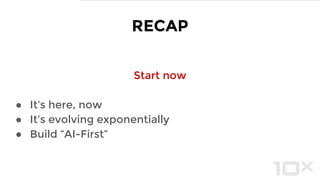 ● playground.tensorflow.org (neural network demo)
● cs.stanford.edu/people/karpathy/convnetjs
● github.com/awslabs/machine-learning-samples
● ibm.com/smarterplanet/us/en/ibmwatson/devel
opercloud/starter-kits.html
● templates.prediction.io
EASY STARTING POINTS
 