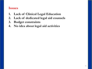 15
Issues
1. Lack of Clinical Legal Education
2. Lack of dedicated legal aid counsels
3. Budget constraints
4. No idea abo...