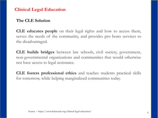 9
Clinical Legal Education
The CLE Solution
CLE educates people on their legal rights and how to access them,
serves the n...
