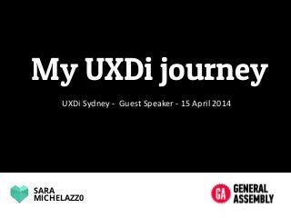 SARA
MICHELAZZ0
My UXDi journey
UXDi	
  Sydney	
  -­‐	
  	
  Guest	
  Speaker	
  -­‐	
  15	
  April	
  2014	
  
	
  
 