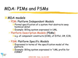AOPDCD'2002, Vienna, July 2nd 2002
MDA: PIMs and PSMs
MDA models
 PIM: Platform Independent Models
Formal specification...