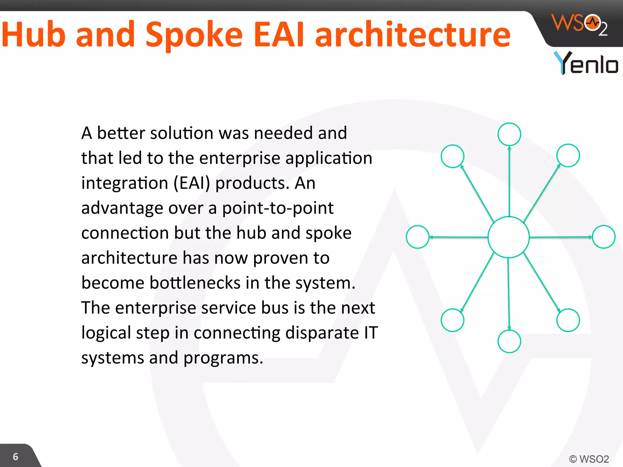 Hub	
  and	
  Spoke	
  EAI	
  architecture	
  
6	
  
A	
  becer	
  solu?on	
  was	
  needed	
  and	
  
that	
  led	
  to	
  the	
  enterprise	
  applica?on	
  
integra?on	
  (EAI)	
  products.	
  An	
  
advantage	
  over	
  a	
  point-­‐to-­‐point	
  
connec?on	
  but	
  the	
  hub	
  and	
  spoke	
  
architecture	
  has	
  now	
  proven	
  to	
  
become	
  boclenecks	
  in	
  the	
  system.	
  
The	
  enterprise	
  service	
  bus	
  is	
  the	
  next	
  
logical	
  step	
  in	
  connec?ng	
  disparate	
  IT	
  
systems	
  and	
  programs.	
  
 