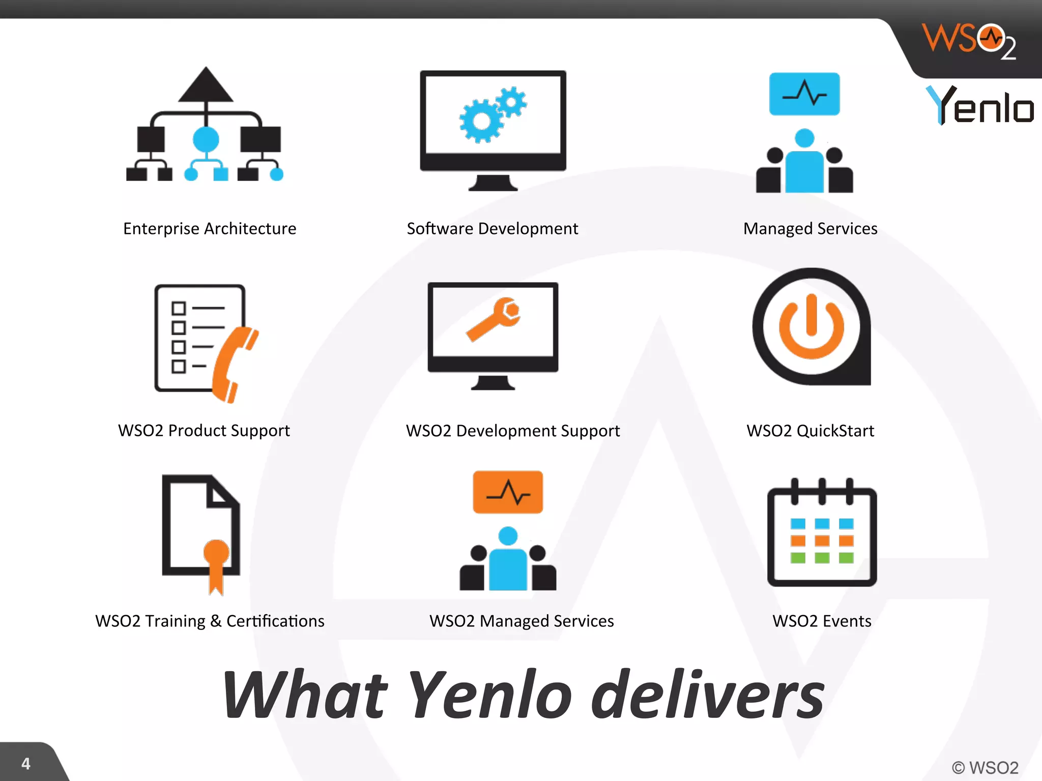 What	
  Yenlo	
  delivers	
  
4	
  
Enterprise	
  Architecture
	
  	
  
SoLware	
  Development	
   Managed	
  Services	
  
WSO2	
  Product	
  Support	
   WSO2	
  Development	
  Support	
   WSO2	
  QuickStart	
  
WSO2	
  Training	
  &	
  Cer?ﬁca?ons	
   WSO2	
  Managed	
  Services	
   WSO2	
  Events	
  
 