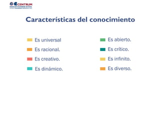 Es crítico.
Es abierto.
Es diverso.
Es infinito.
Es dinámico.
Es creativo.
Es racional.
Es universal
Características del conocimiento
 